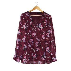 Lane Bryant Peplum Blouse Women 18 Burgundy Floral Excellent Long Sleeve V-Neck